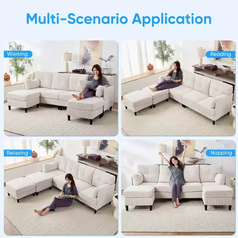 Mjkone Corduroy U-Shape Modular Convertible Sectional Sofa Couch,Upholstered 4-Seater Sofa with Movable Ottoman