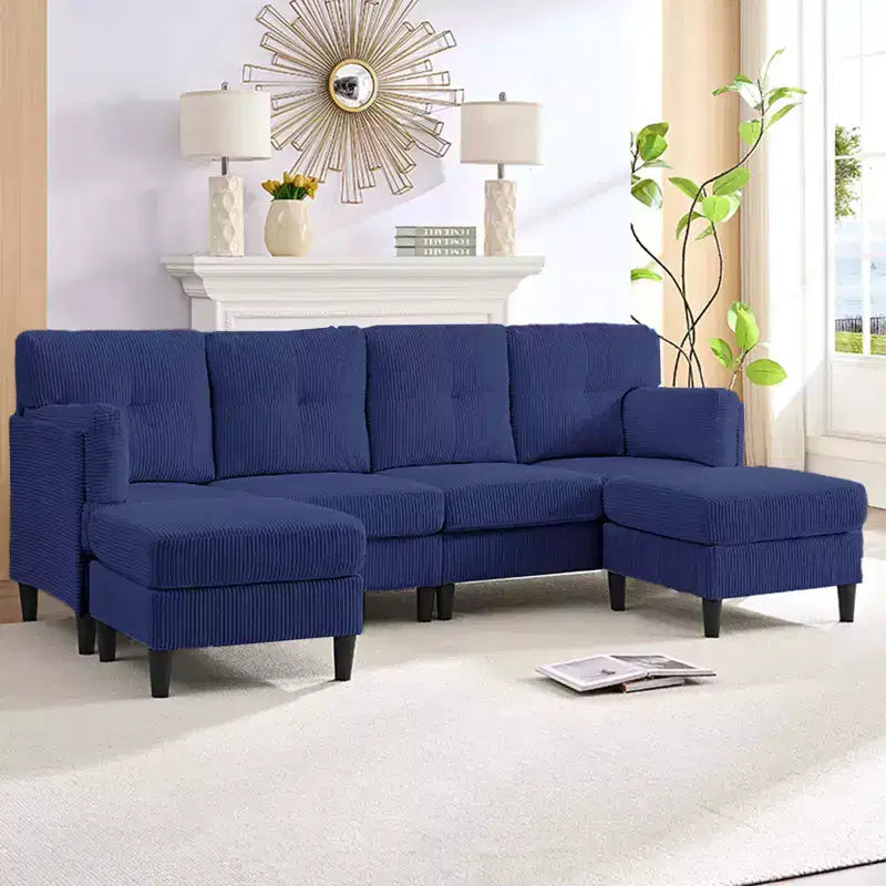 Mjkone Corduroy U-Shape Modular Convertible Sectional Sofa Couch,Upholstered 4-Seater Sofa with Movable Ottoman