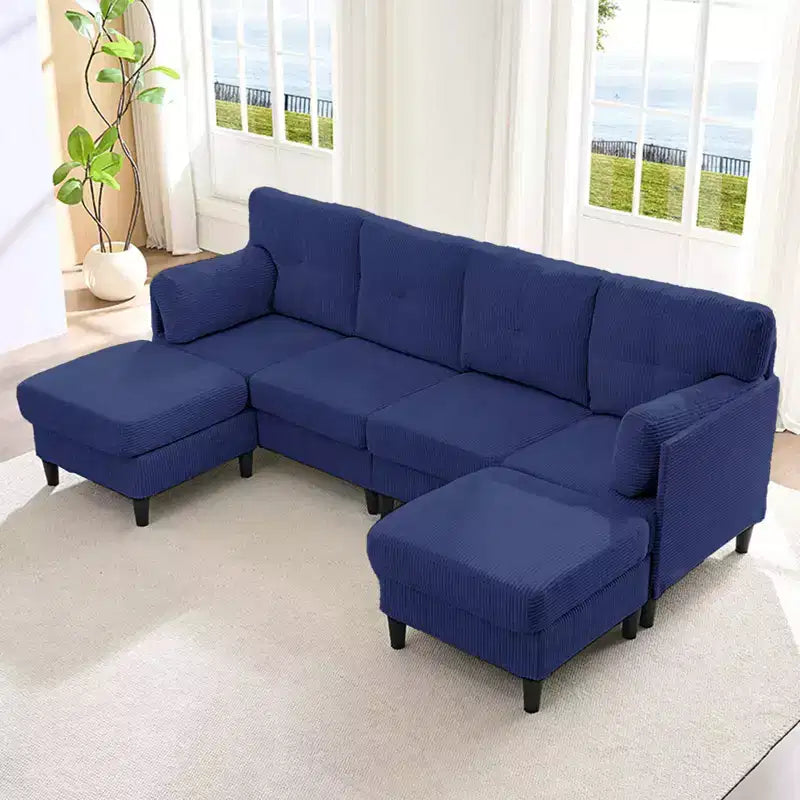 Mjkone Corduroy U-Shape Modular Convertible Sectional Sofa Couch,Upholstered 4-Seater Sofa with Movable Ottoman