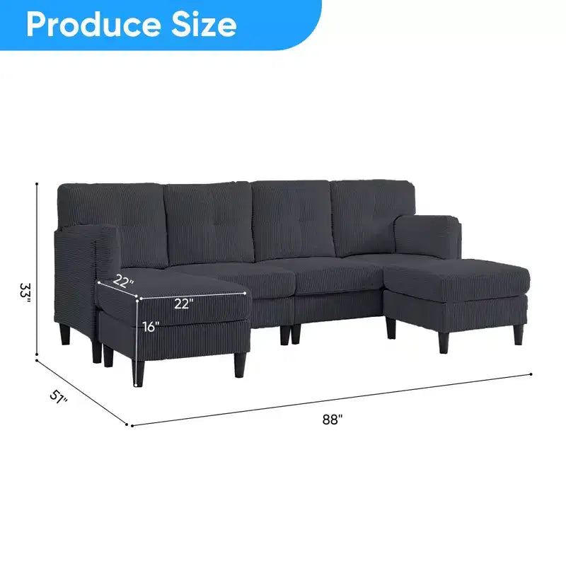 Mjkone Corduroy U-Shape Modular Convertible Sectional Sofa Couch,Upholstered 4-Seater Sofa with Movable Ottoman