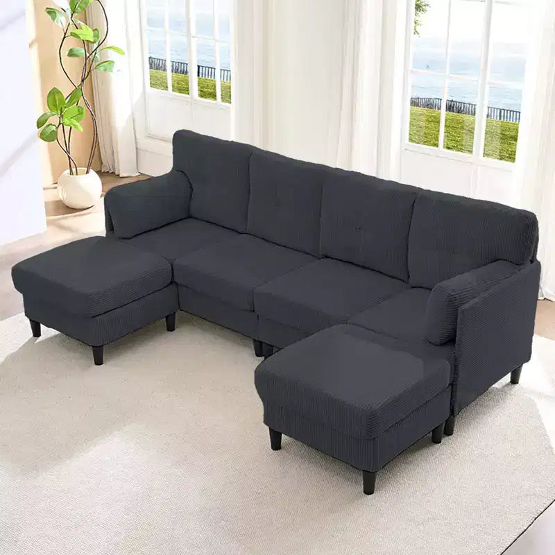 Mjkone Corduroy U-Shape Modular Convertible Sectional Sofa Couch,Upholstered 4-Seater Sofa with Movable Ottoman