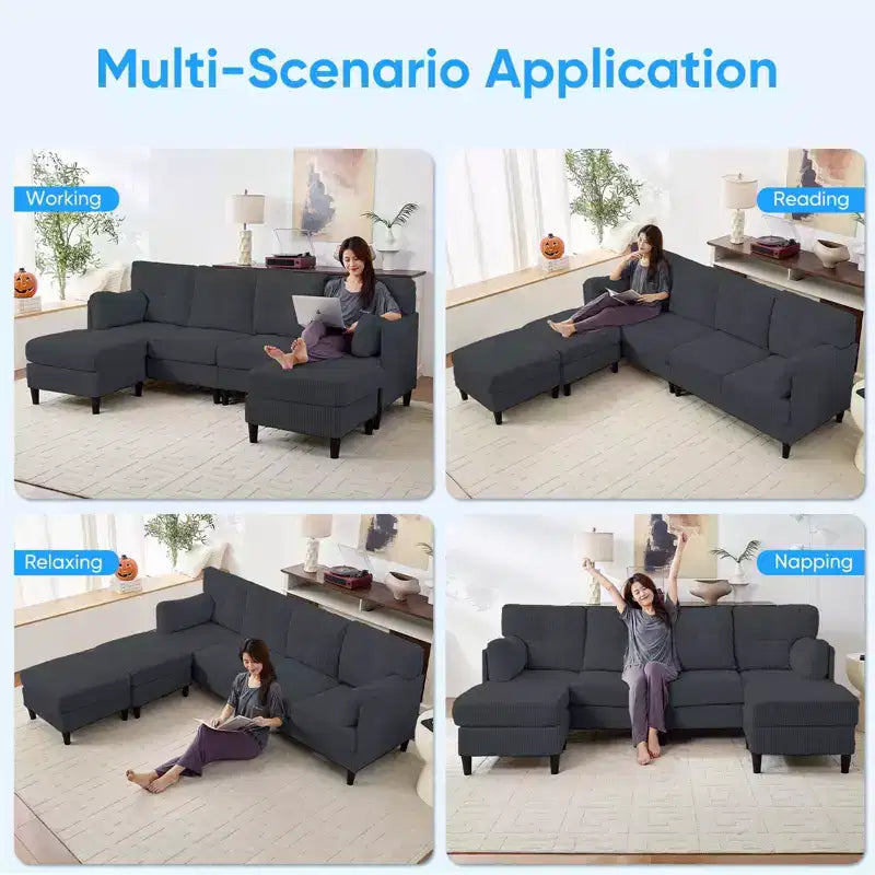 Mjkone Corduroy U-Shape Modular Convertible Sectional Sofa Couch,Upholstered 4-Seater Sofa with Movable Ottoman