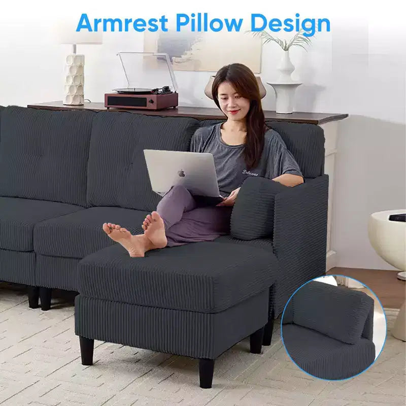 Mjkone Corduroy U-Shape Modular Convertible Sectional Sofa Couch,Upholstered 4-Seater Sofa with Movable Ottoman