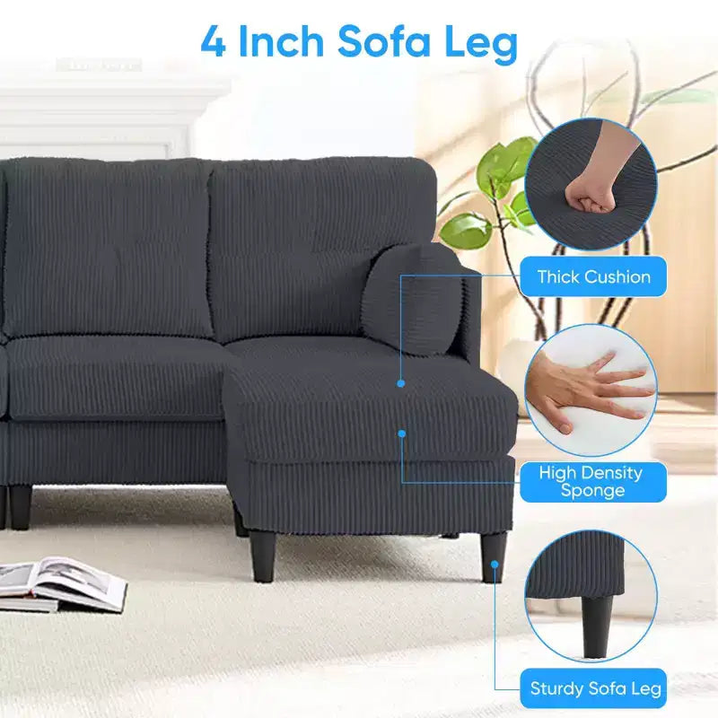 Mjkone Corduroy U-Shape Modular Convertible Sectional Sofa Couch,Upholstered 4-Seater Sofa with Movable Ottoman