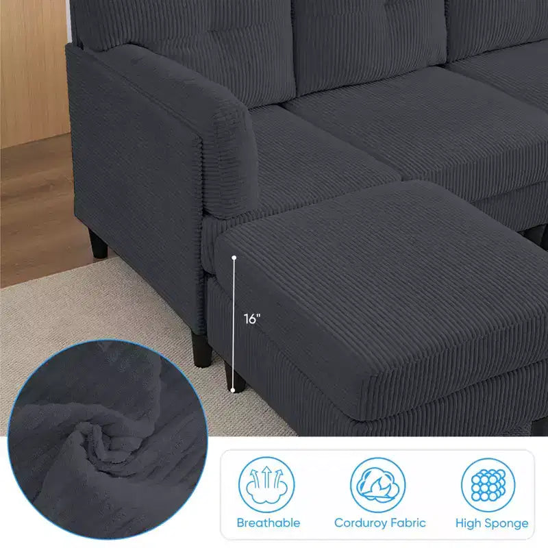 Mjkone Corduroy U-Shape Modular Convertible Sectional Sofa Couch,Upholstered 4-Seater Sofa with Movable Ottoman