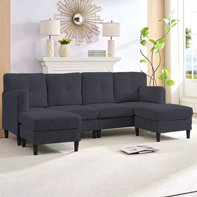 Mjkone Corduroy U-Shape Modular Convertible Sectional Sofa Couch,Upholstered 4-Seater Sofa with Movable Ottoman