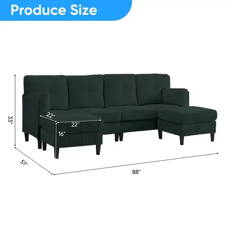 Mjkone Corduroy U-Shape Modular Convertible Sectional Sofa Couch,Upholstered 4-Seater Sofa with Movable Ottoman