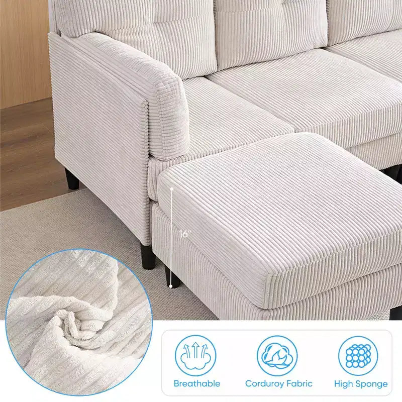 Mjkone Corduroy U-Shape Modular Convertible Sectional Sofa Couch,Upholstered 4-Seater Sofa with Movable Ottoman