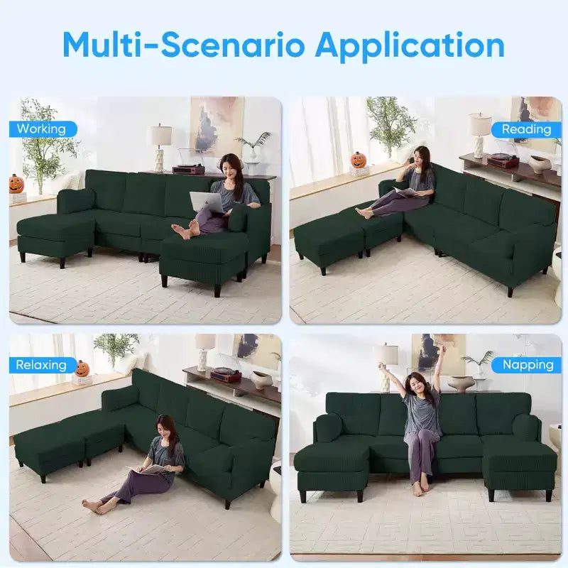Mjkone Corduroy U-Shape Modular Convertible Sectional Sofa Couch,Upholstered 4-Seater Sofa with Movable Ottoman