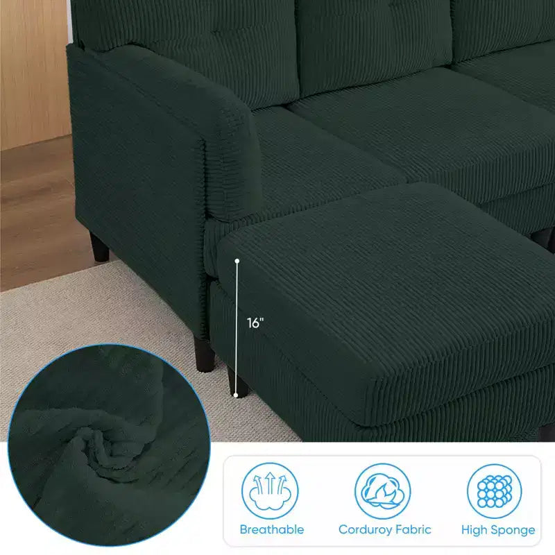 Mjkone Corduroy U-Shape Modular Convertible Sectional Sofa Couch,Upholstered 4-Seater Sofa with Movable Ottoman