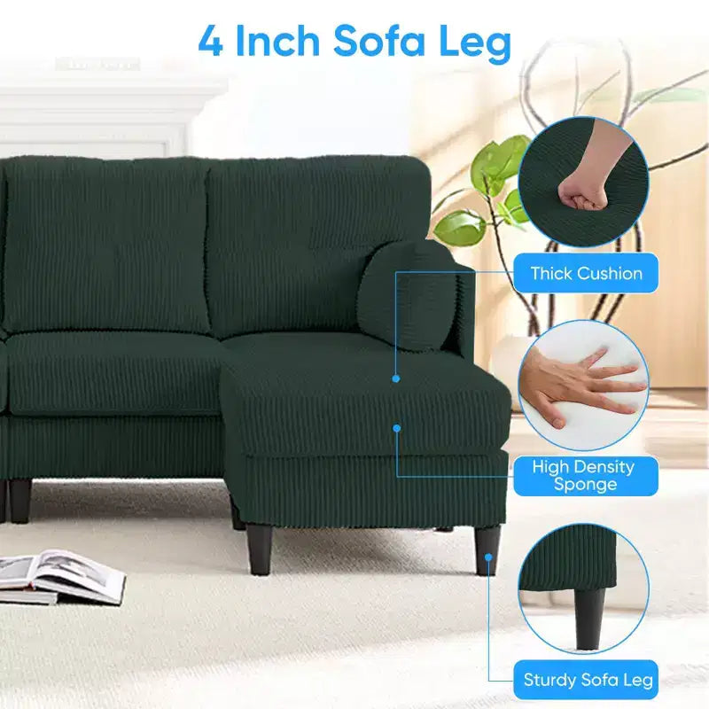 Mjkone Corduroy U-Shape Modular Convertible Sectional Sofa Couch,Upholstered 4-Seater Sofa with Movable Ottoman