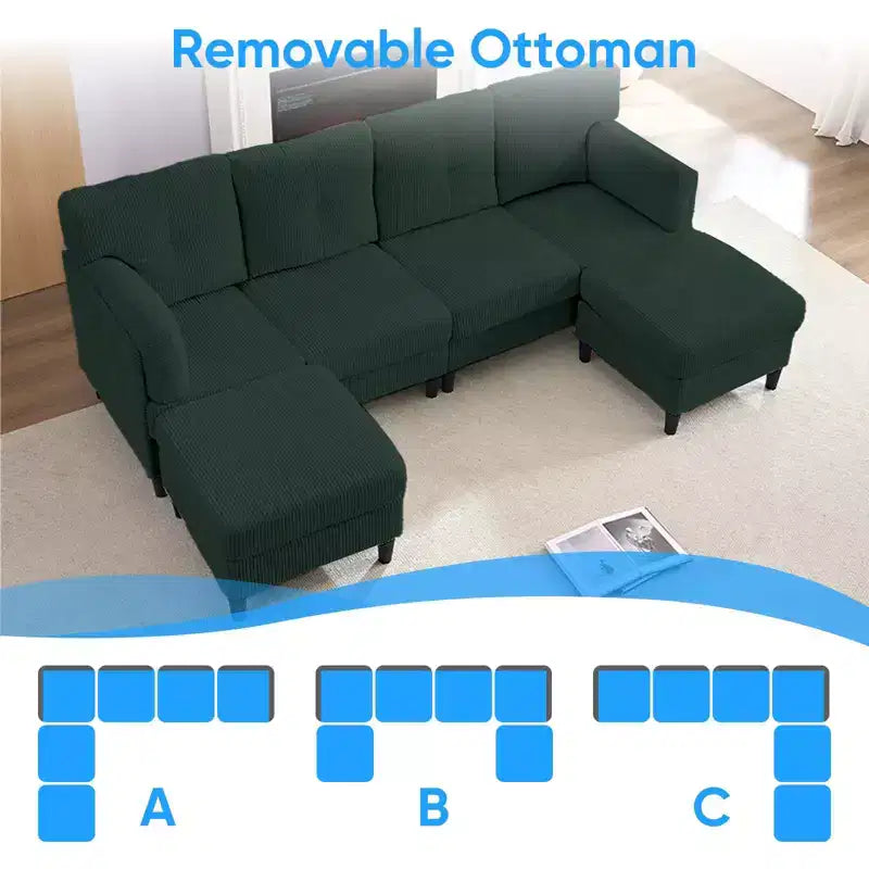 Mjkone Corduroy U-Shape Modular Convertible Sectional Sofa Couch,Upholstered 4-Seater Sofa with Movable Ottoman
