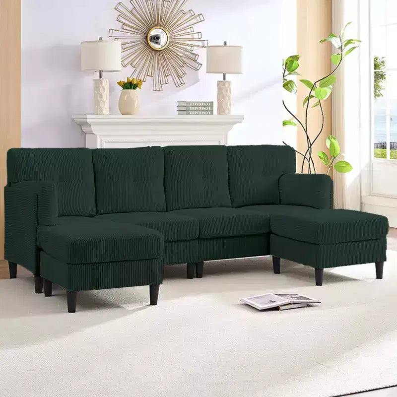 Mjkone Corduroy U-Shape Modular Convertible Sectional Sofa Couch,Upholstered 4-Seater Sofa with Movable Ottoman