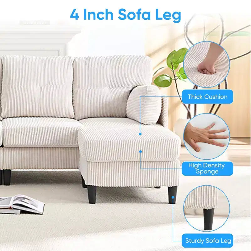 Mjkone Corduroy U-Shape Modular Convertible Sectional Sofa Couch,Upholstered 4-Seater Sofa with Movable Ottoman