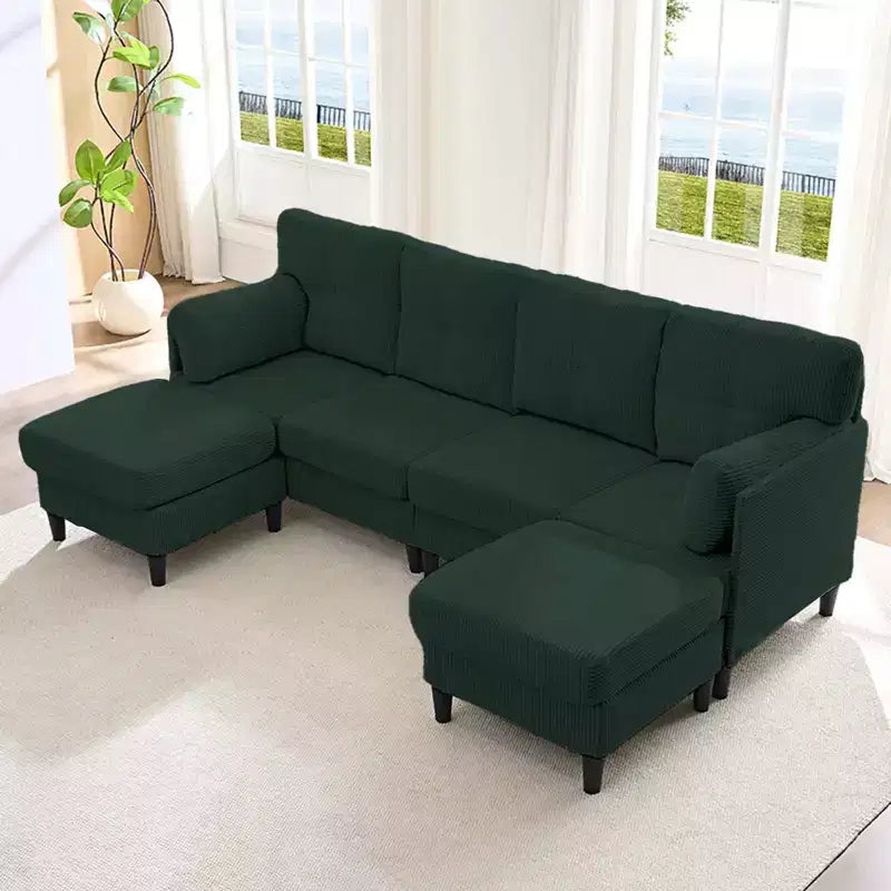 Mjkone Corduroy U-Shape Modular Convertible Sectional Sofa Couch,Upholstered 4-Seater Sofa with Movable Ottoman
