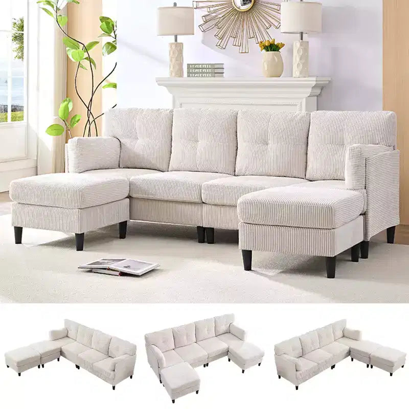 Mjkone Corduroy U-Shape Modular Convertible Sectional Sofa Couch,Upholstered 4-Seater Sofa with Movable Ottoman