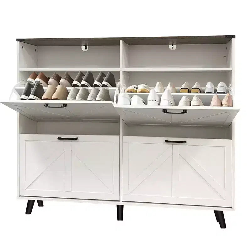 CuisinSmart Shoe Cabinet, 4-Door Flip-Up Shoe Organizer with Drawers & Adjustable Shelves, Freestanding Shoe Storage Cabinet for Living Room, Hallway