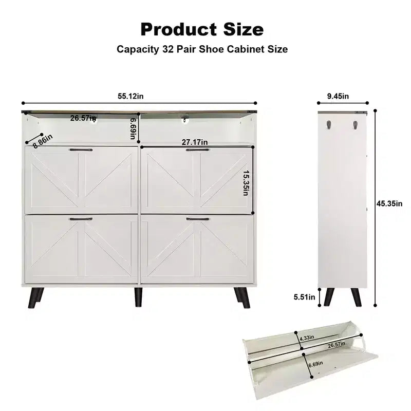 CuisinSmart Shoe Cabinet, 4-Door Flip-Up Shoe Organizer with Drawers & Adjustable Shelves, Freestanding Shoe Storage Cabinet for Living Room, Hallway