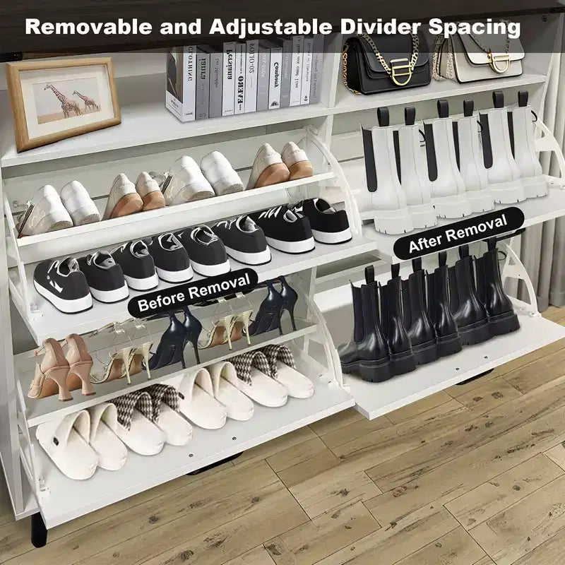 CuisinSmart Shoe Cabinet, 4-Door Flip-Up Shoe Organizer with Drawers & Adjustable Shelves, Freestanding Shoe Storage Cabinet for Living Room, Hallway