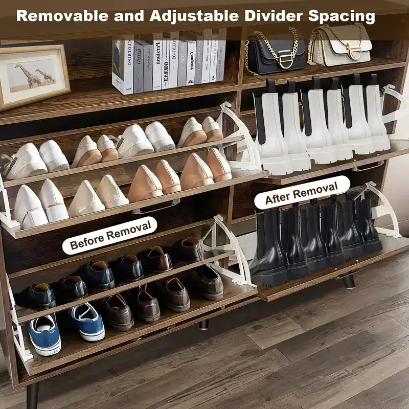 CuisinSmart Shoe Cabinet, 4-Door Flip-Up Shoe Organizer with Drawers & Adjustable Shelves, Freestanding Shoe Storage Cabinet for Living Room, Hallway