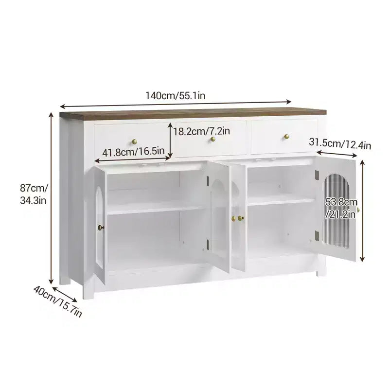 55 Sideboard Buffet Cabinet, Wood Coffee Bar Cabinet with Glass Door & 3 Drawers, Modern Media Console Table, Kitchen Pantry Cabinet