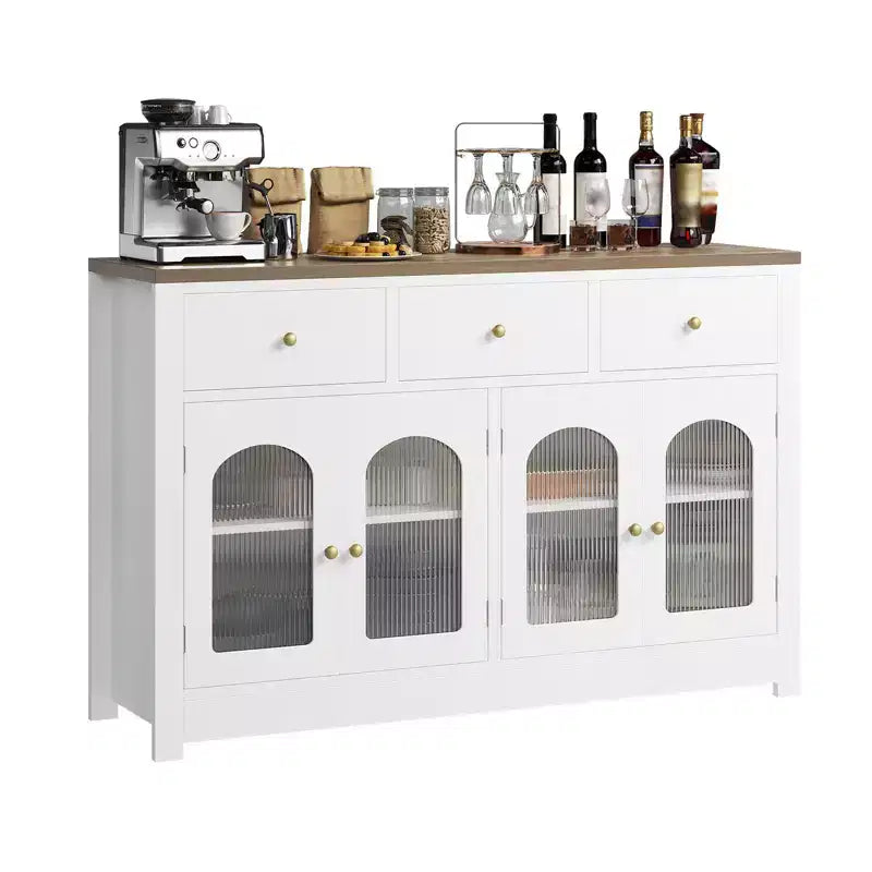 55 Sideboard Buffet Cabinet, Wood Coffee Bar Cabinet with Glass Door & 3 Drawers, Modern Media Console Table, Kitchen Pantry Cabinet