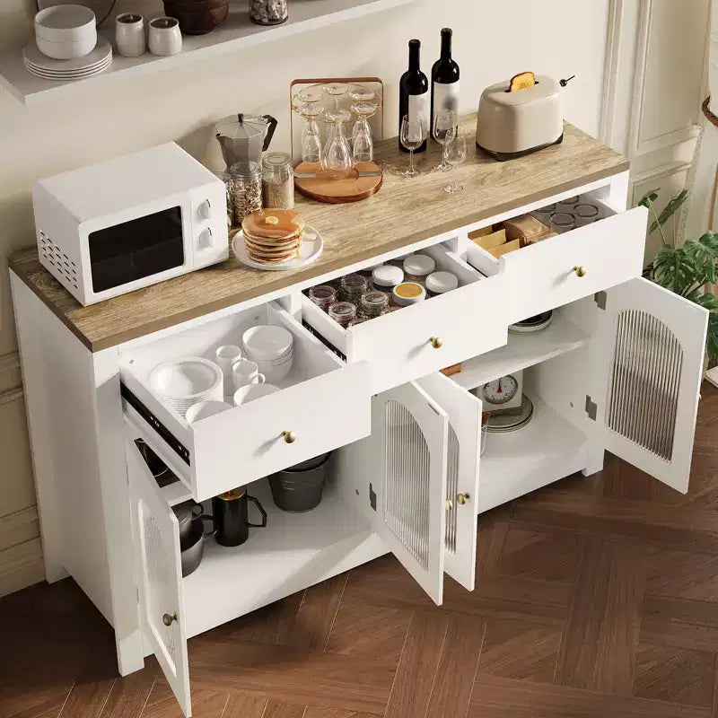 55 Sideboard Buffet Cabinet, Wood Coffee Bar Cabinet with Glass Door & 3 Drawers, Modern Media Console Table, Kitchen Pantry Cabinet