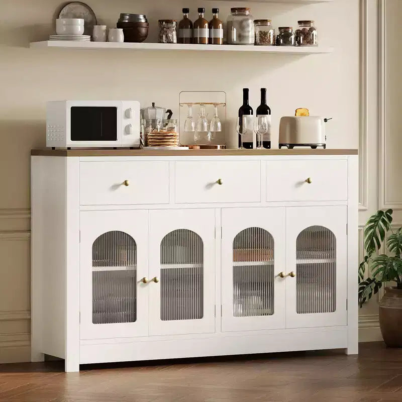 55 Sideboard Buffet Cabinet, Wood Coffee Bar Cabinet with Glass Door & 3 Drawers, Modern Media Console Table, Kitchen Pantry Cabinet
