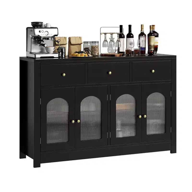 55 Sideboard Buffet Cabinet, Wood Coffee Bar Cabinet with Glass Door & 3 Drawers, Modern Media Console Table, Kitchen Pantry Cabinet