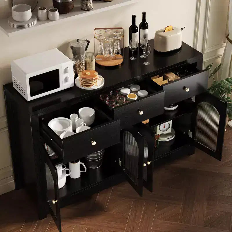 55 Sideboard Buffet Cabinet, Wood Coffee Bar Cabinet with Glass Door & 3 Drawers, Modern Media Console Table, Kitchen Pantry Cabinet