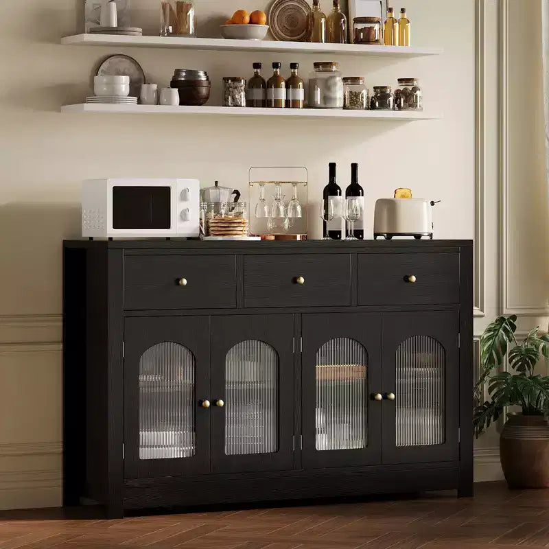55 Sideboard Buffet Cabinet, Wood Coffee Bar Cabinet with Glass Door & 3 Drawers, Modern Media Console Table, Kitchen Pantry Cabinet