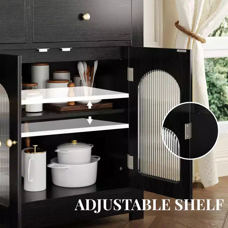 55 Sideboard Buffet Cabinet, Wood Coffee Bar Cabinet with Glass Door & 3 Drawers, Modern Media Console Table, Kitchen Pantry Cabinet