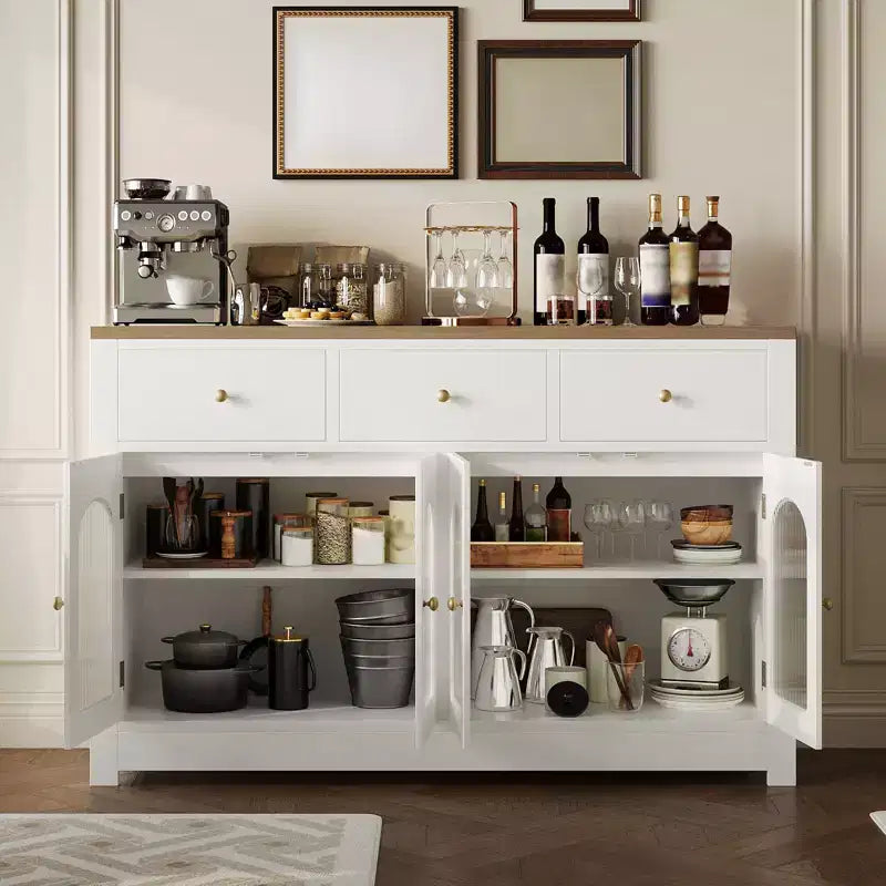 55 Sideboard Buffet Cabinet, Wood Coffee Bar Cabinet with Glass Door & 3 Drawers, Modern Media Console Table, Kitchen Pantry Cabinet
