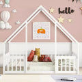 MAYEERTY Full Wood House-shaped Floor Bed with Fence, Guardrails White