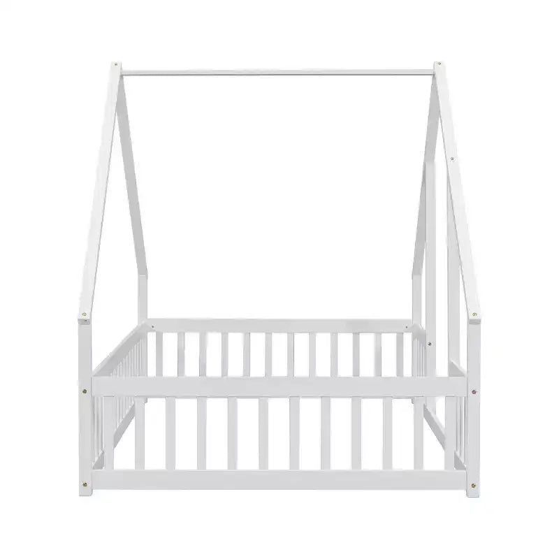 MAYEERTY Full Wood House-shaped Floor Bed with Fence, Guardrails White