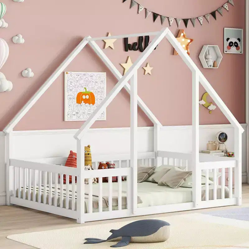 MAYEERTY Full Wood House-shaped Floor Bed with Fence, Guardrails White