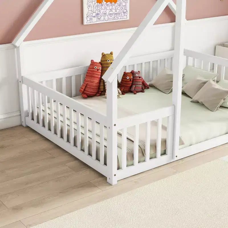 MAYEERTY Full Wood House-shaped Floor Bed with Fence, Guardrails White