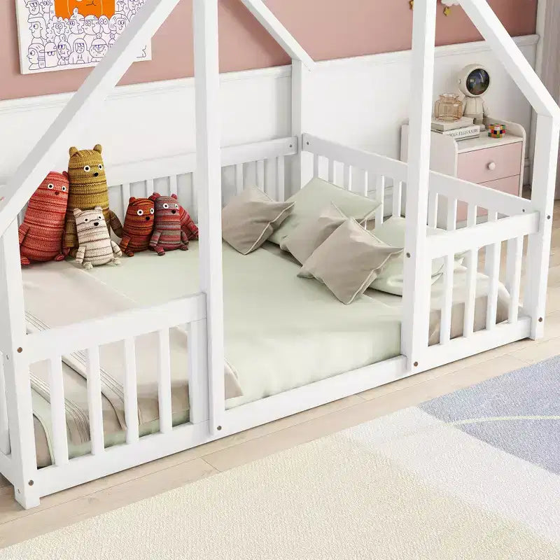 MAYEERTY Full Wood House-shaped Floor Bed with Fence, Guardrails White