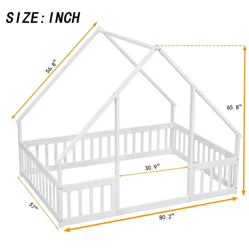 MAYEERTY Full Wood House-shaped Floor Bed with Fence, Guardrails White