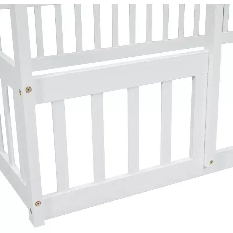 MAYEERTY Full Wood House-shaped Floor Bed with Fence, Guardrails White