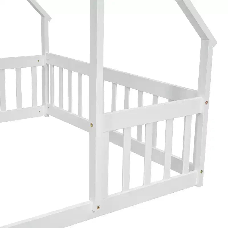 MAYEERTY Full Wood House-shaped Floor Bed with Fence, Guardrails White