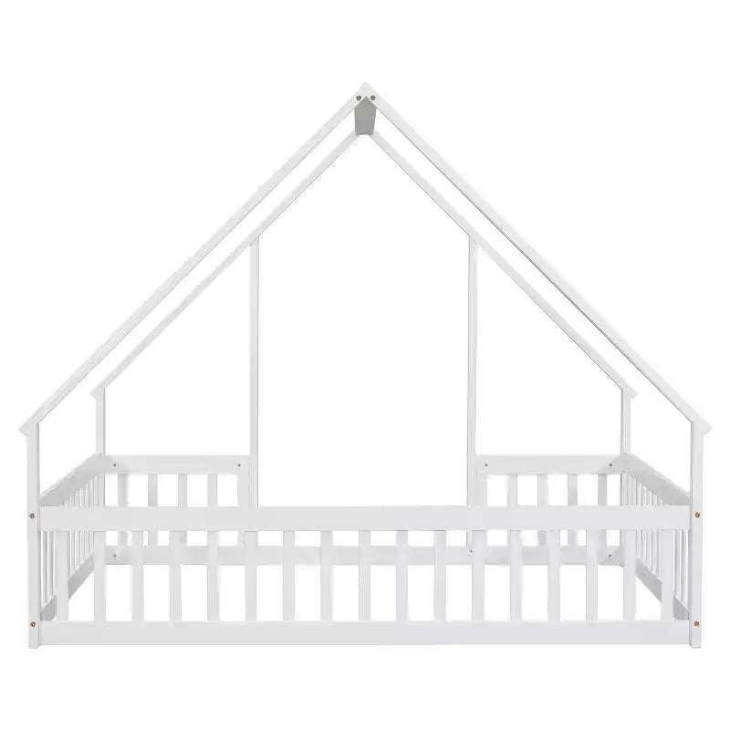 MAYEERTY Full Wood House-shaped Floor Bed with Fence, Guardrails White