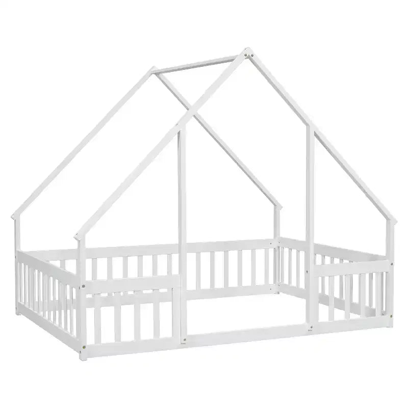 MAYEERTY Full Wood House-shaped Floor Bed with Fence, Guardrails White