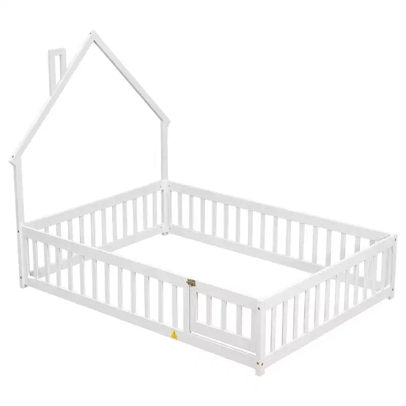 MAYEERTY Full House-shaped Headboard Floor Bed with Fence White