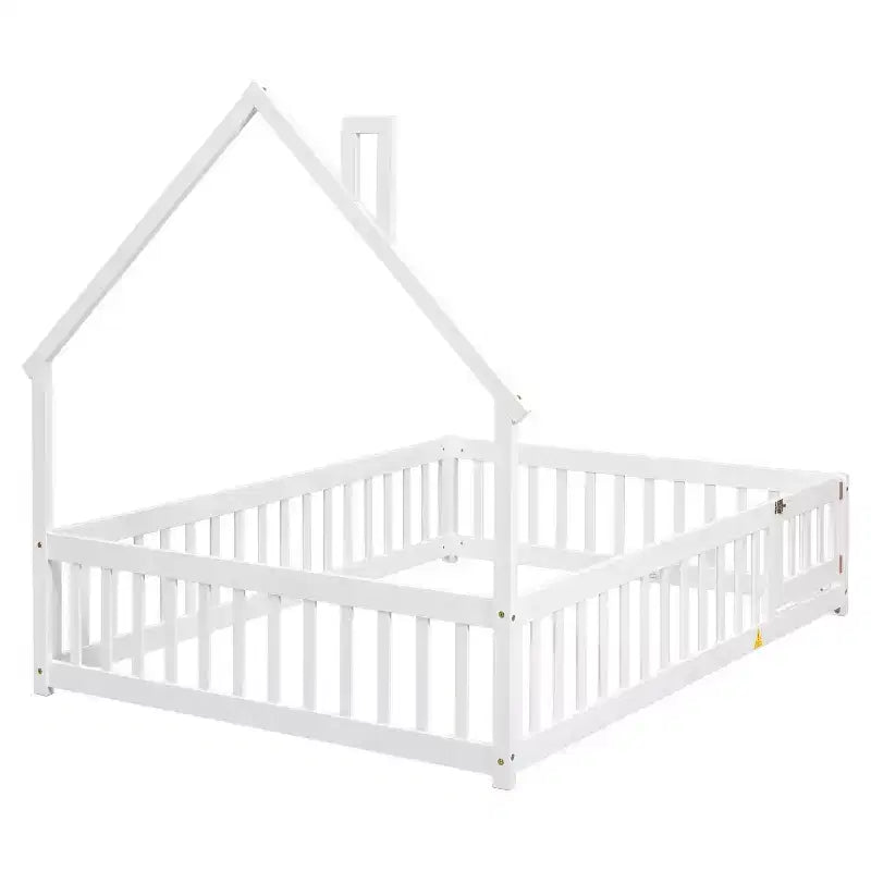MAYEERTY Full House-shaped Headboard Floor Bed with Fence White