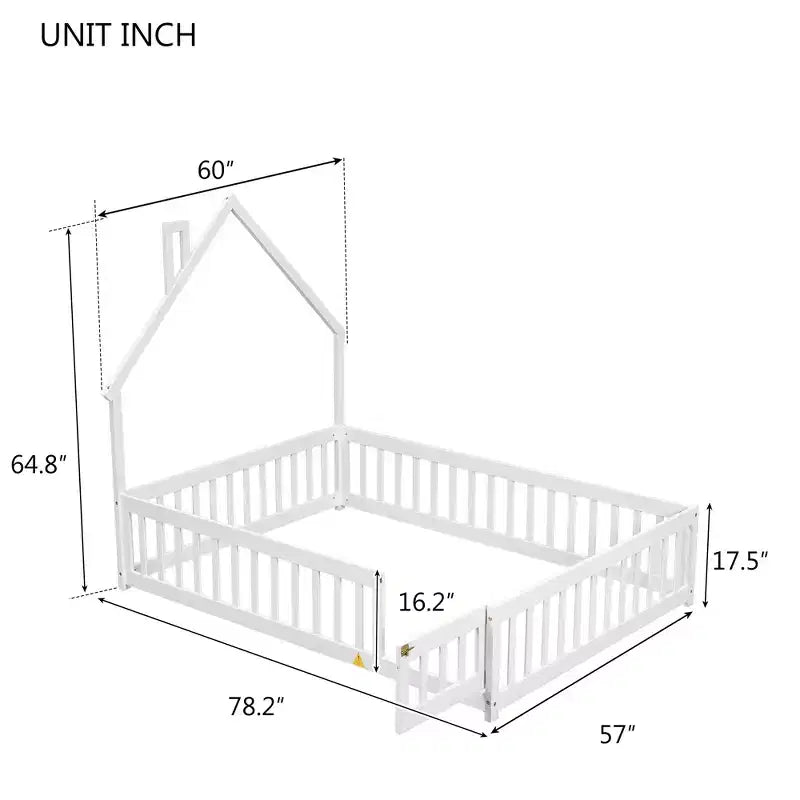 MAYEERTY Full House-shaped Headboard Floor Bed with Fence White