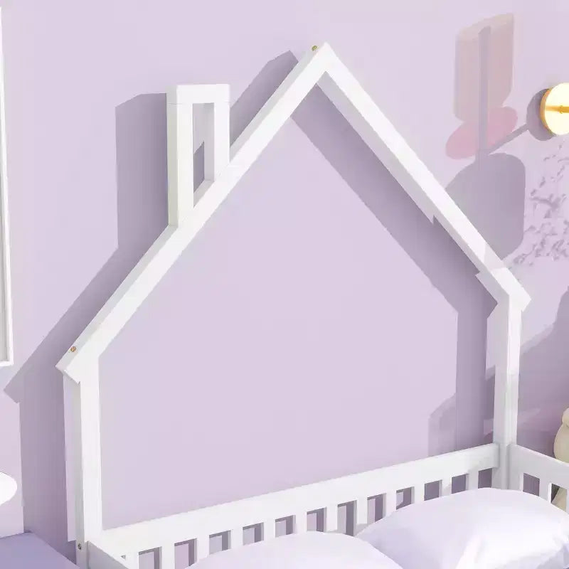 MAYEERTY Full House-shaped Headboard Floor Bed with Fence White