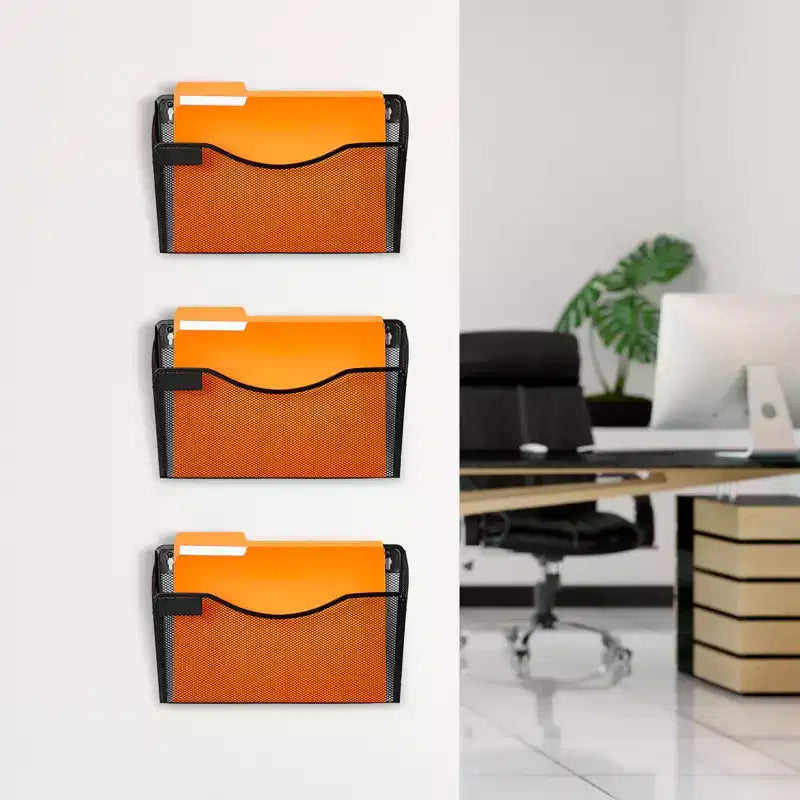 VEVOR File Wall Rack, Three-Piece 1 Pocket Mesh Wall File Holder, Wall Mounted Magazine Mail Paper & Document Storage Folder, Black