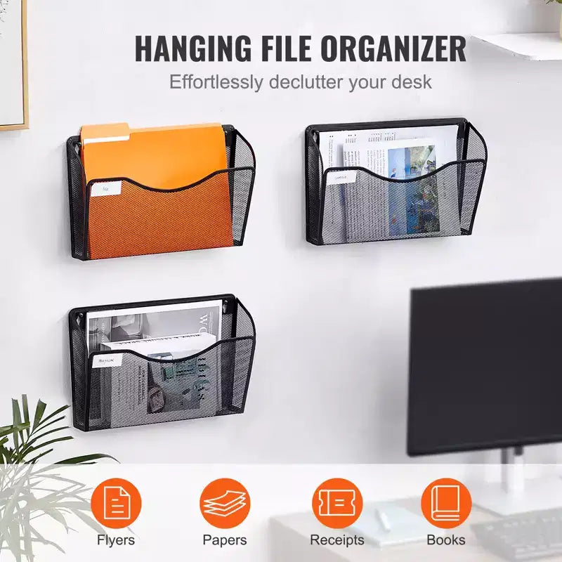 VEVOR File Wall Rack, Three-Piece 1 Pocket Mesh Wall File Holder, Wall Mounted Magazine Mail Paper & Document Storage Folder, Black