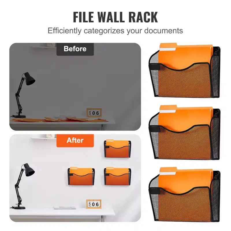 VEVOR File Wall Rack, Three-Piece 1 Pocket Mesh Wall File Holder, Wall Mounted Magazine Mail Paper & Document Storage Folder, Black